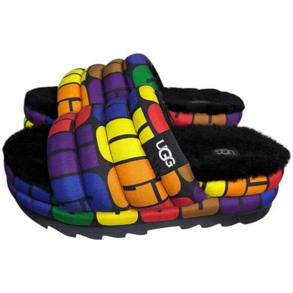 UGG Pride Maxi Rainbox Puff Slide Platform Sandals Womens 7 Multicolor Faux Fur - Picture 7 of 11